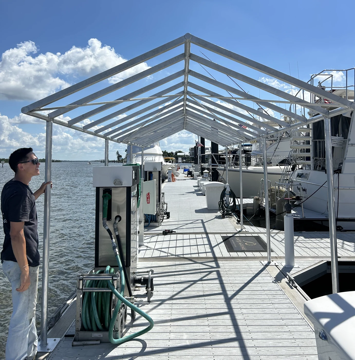 Custom metal canopy framework at a marina