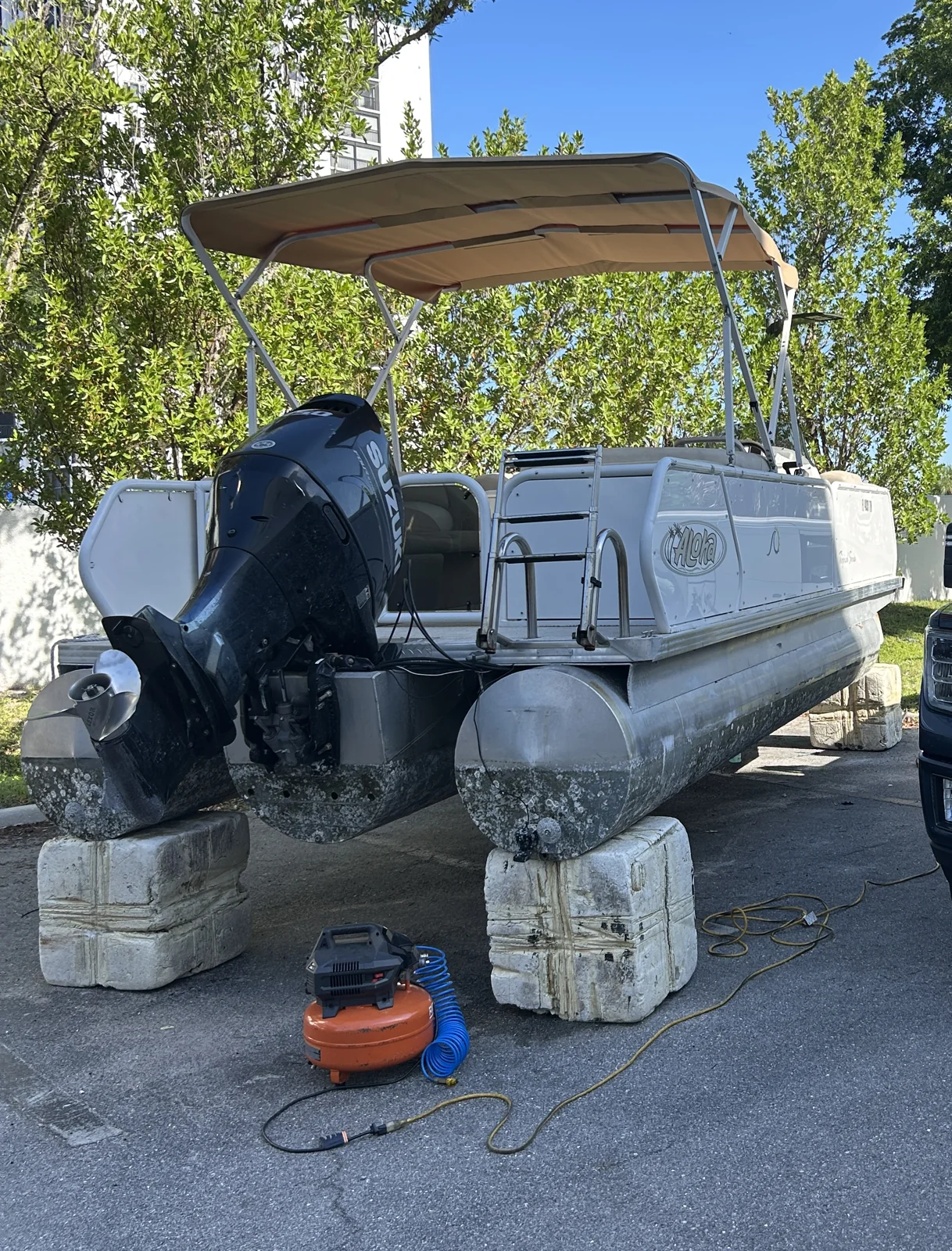 Pontoon boat at a repair worksite